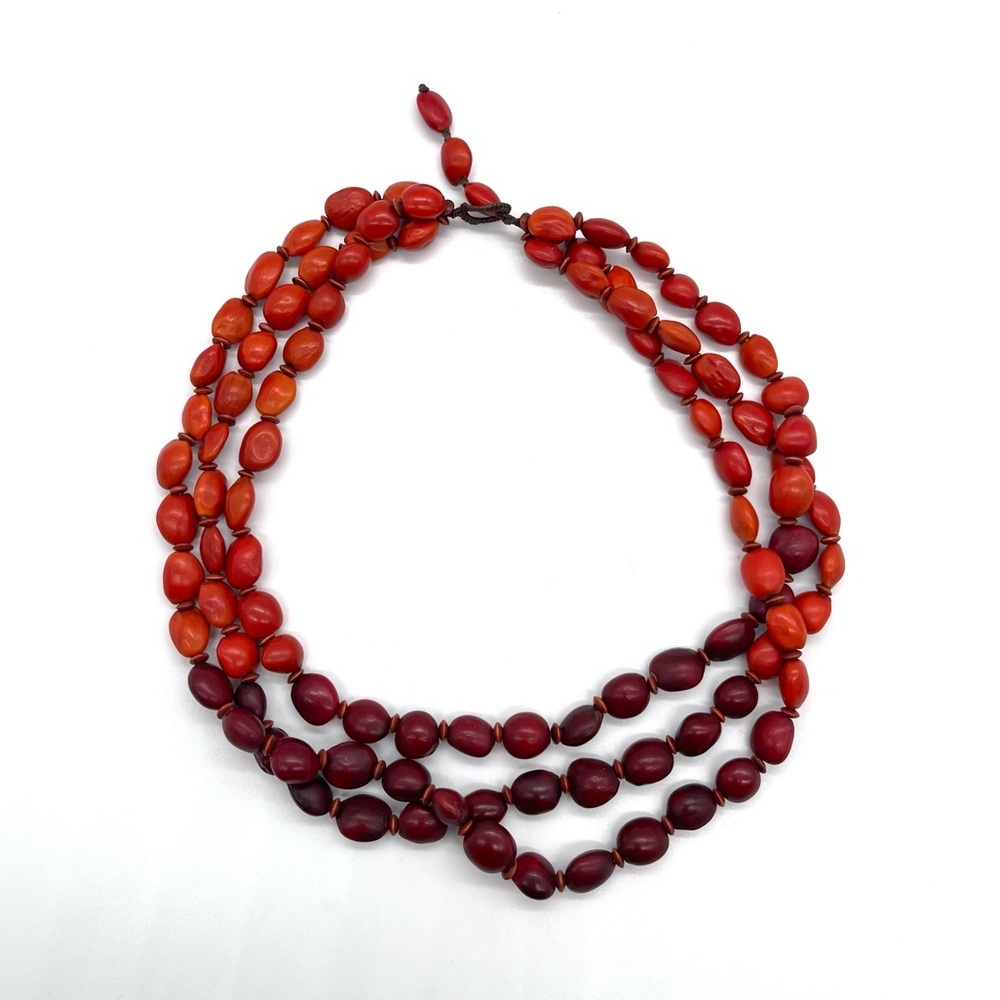 African Multi Strand Wooden Red & Orange Necklace - Picture 4 of 4